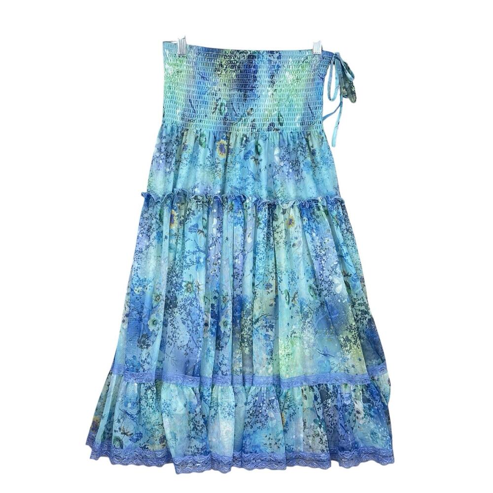 Lapis Fairy Garden Smocked Tiered Floral Midi Skirt Small Y2K Cottagecore Boho - Picture 2 of 16